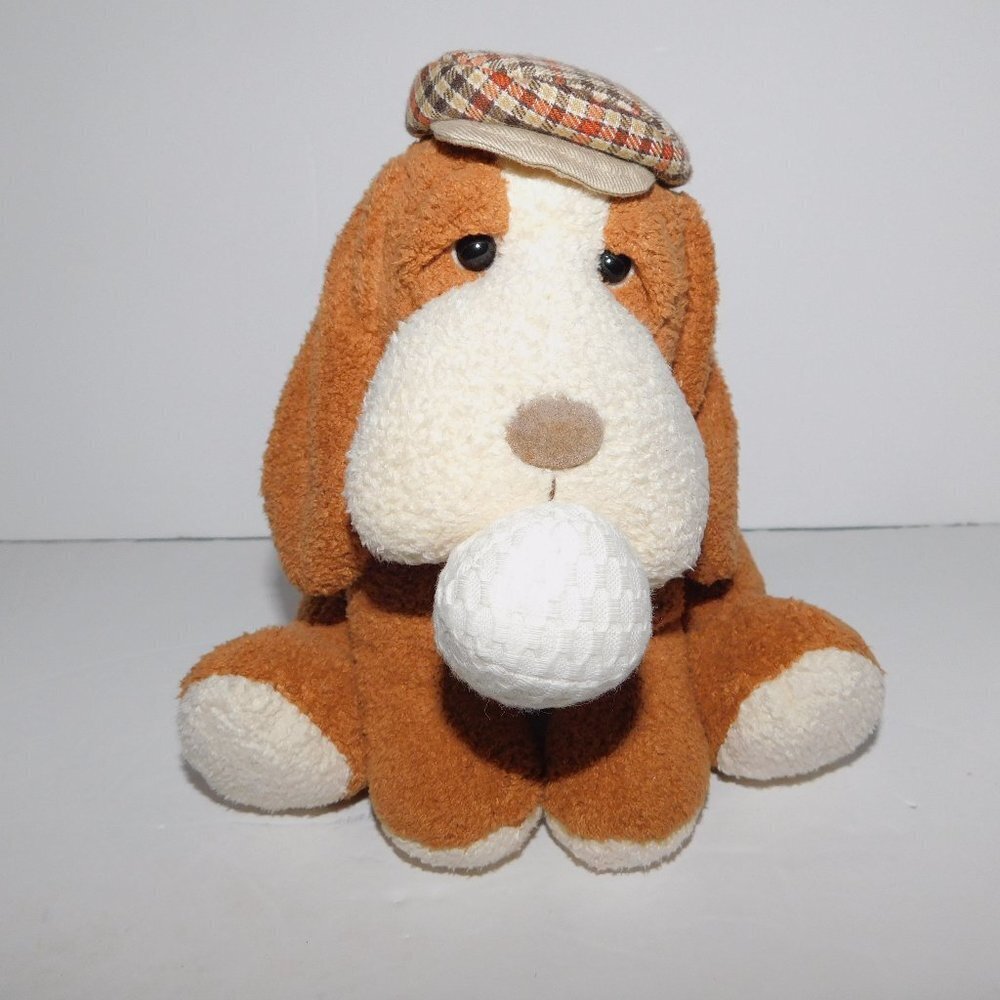 Russ Berrie Brown Cream Puppy Hound Dog Holding Golf Ball Plaid Cap CADDIE 3039
